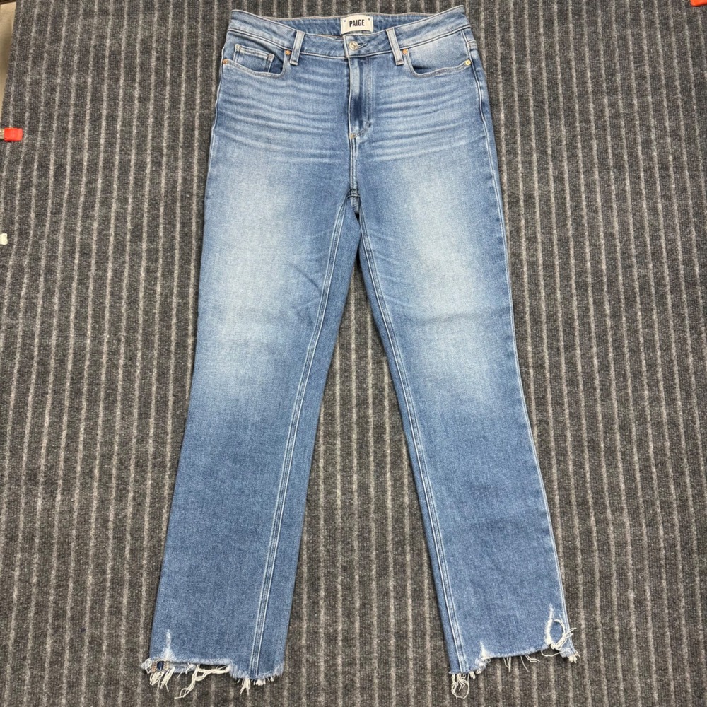 Paige Womens Cindy Straight Leg Jeans 29 Blue Mel Destroyed Raw Hem High Rise